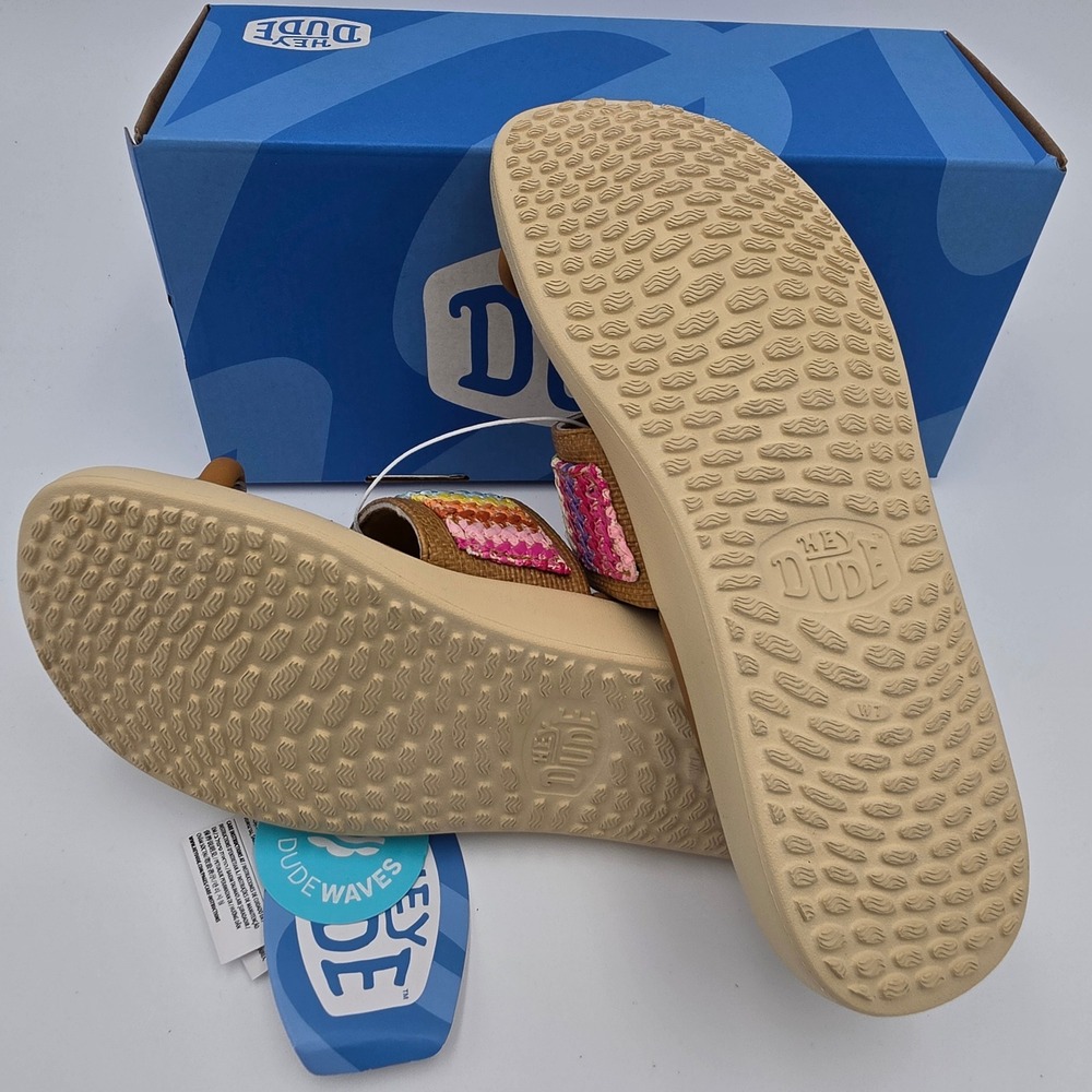 Hey Dude Maui Breeze Toe Loop Sandals Tan Multi Rainbow Woven Slides Size 8, NWB - Picture 7 of 10